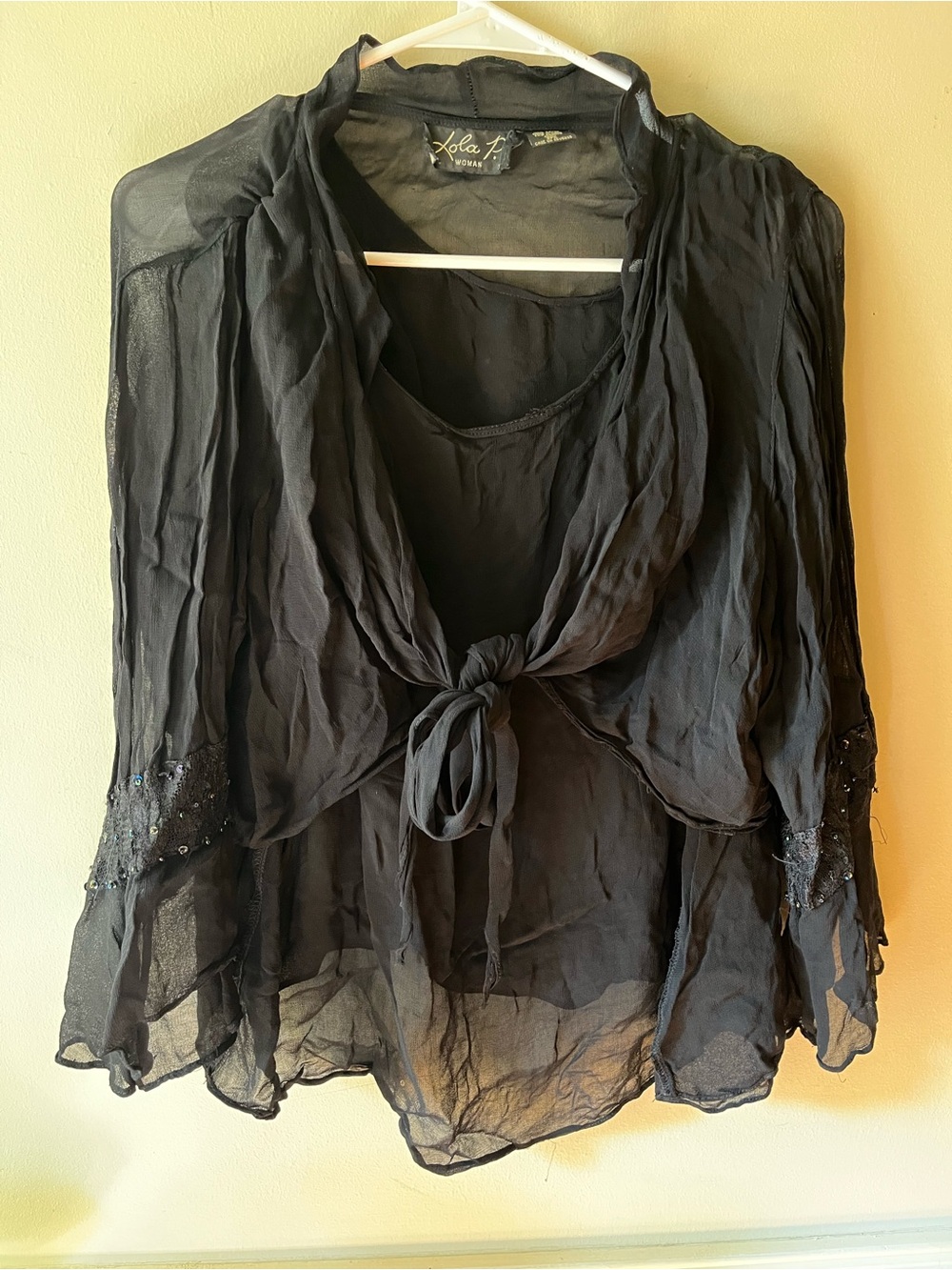 Vintage Y2K 2000s sheer black two piece tie front quarter length sleeve set